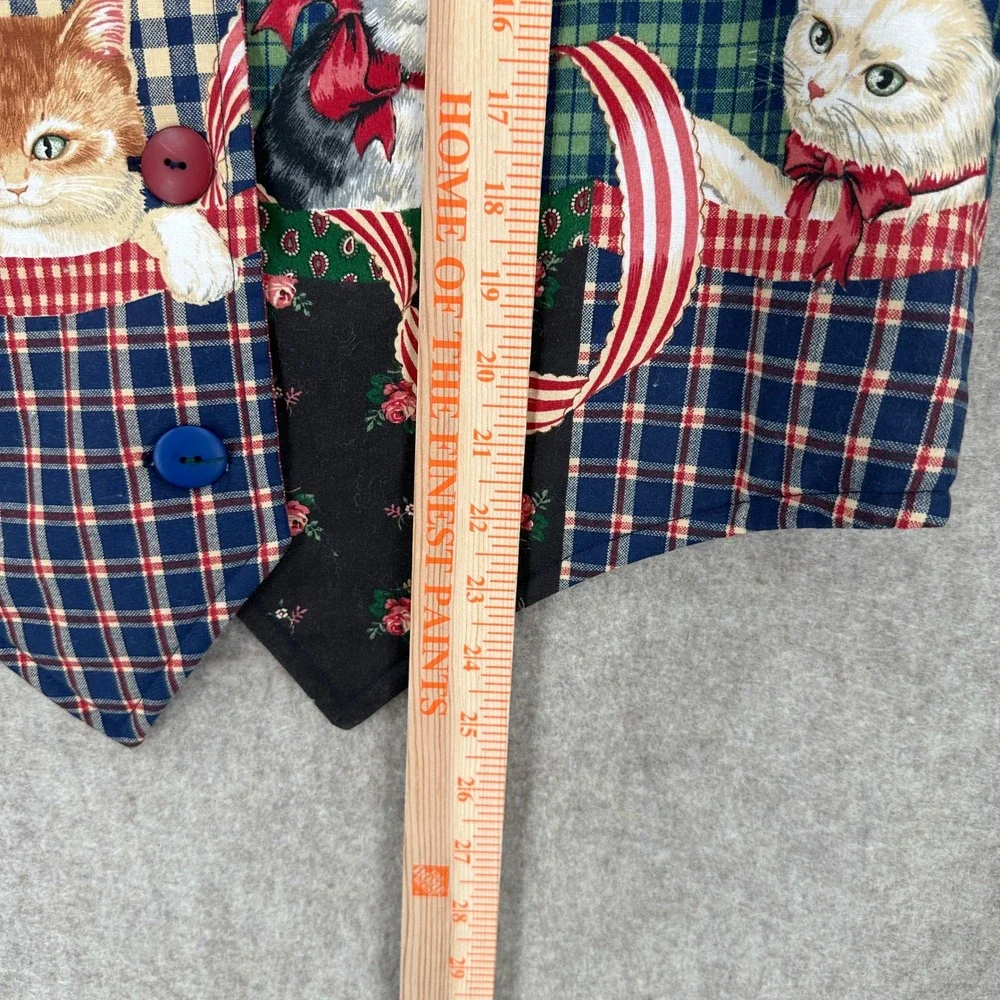Vintage Cats Kittens Printed Graphics Plaid Check Waistcoat‎ Vest Size SM-MED